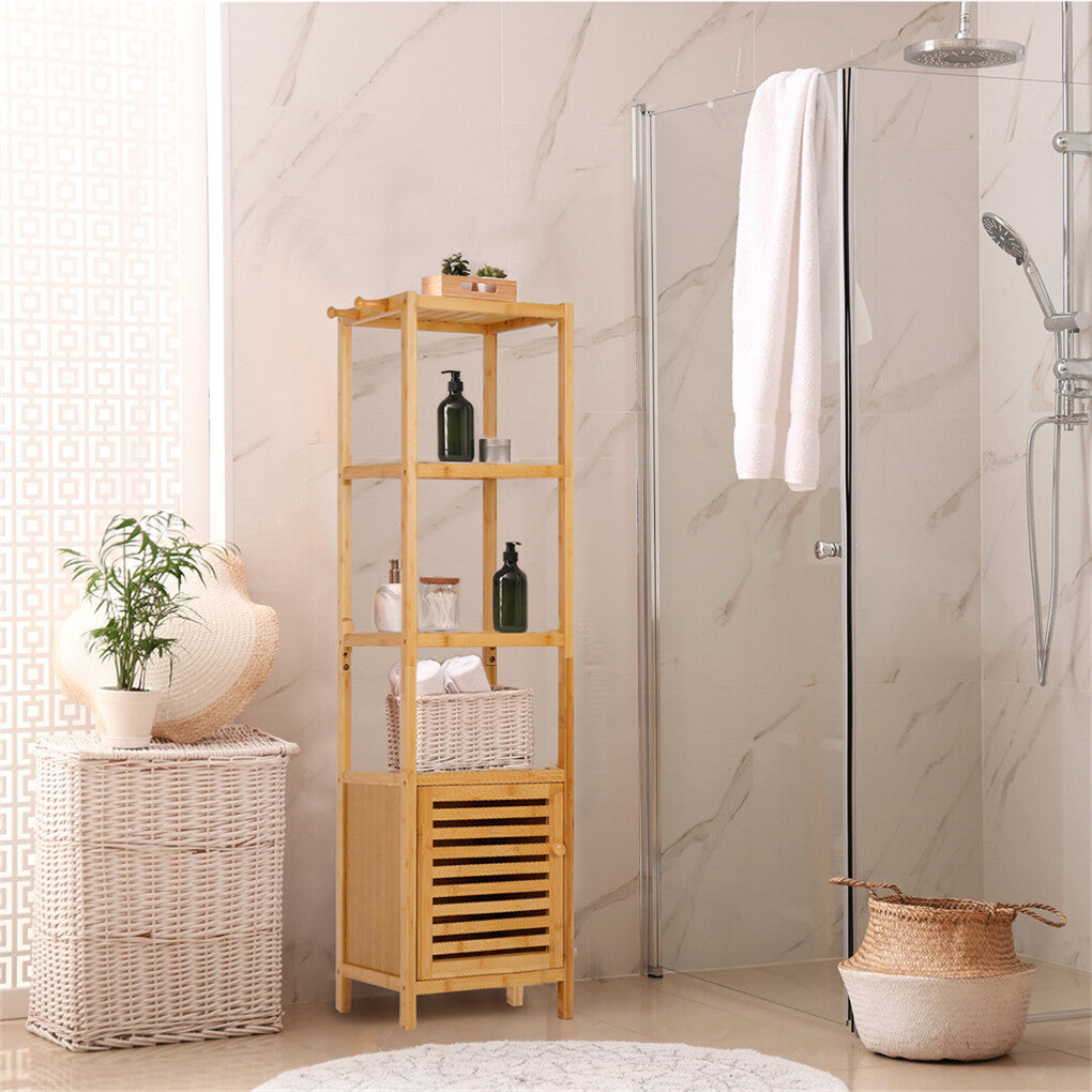 Large Bathroom Floor Cabinet Bamboo Storage Cupboard Living Room w/ Hook & Shelf V767-JJ-XZ1142