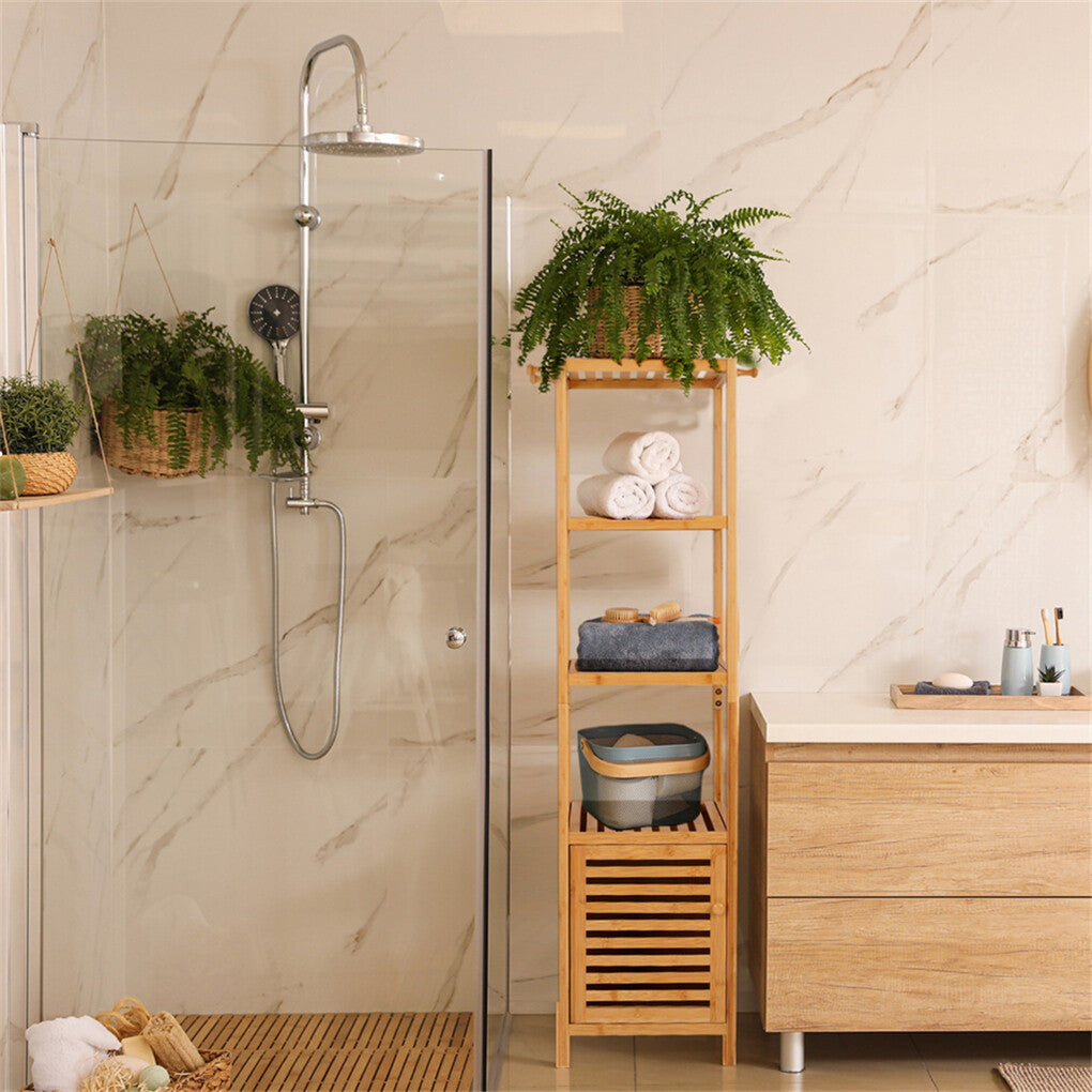 Large Bathroom Floor Cabinet Bamboo Storage Cupboard Living Room w/ Hook & Shelf V767-JJ-XZ1142