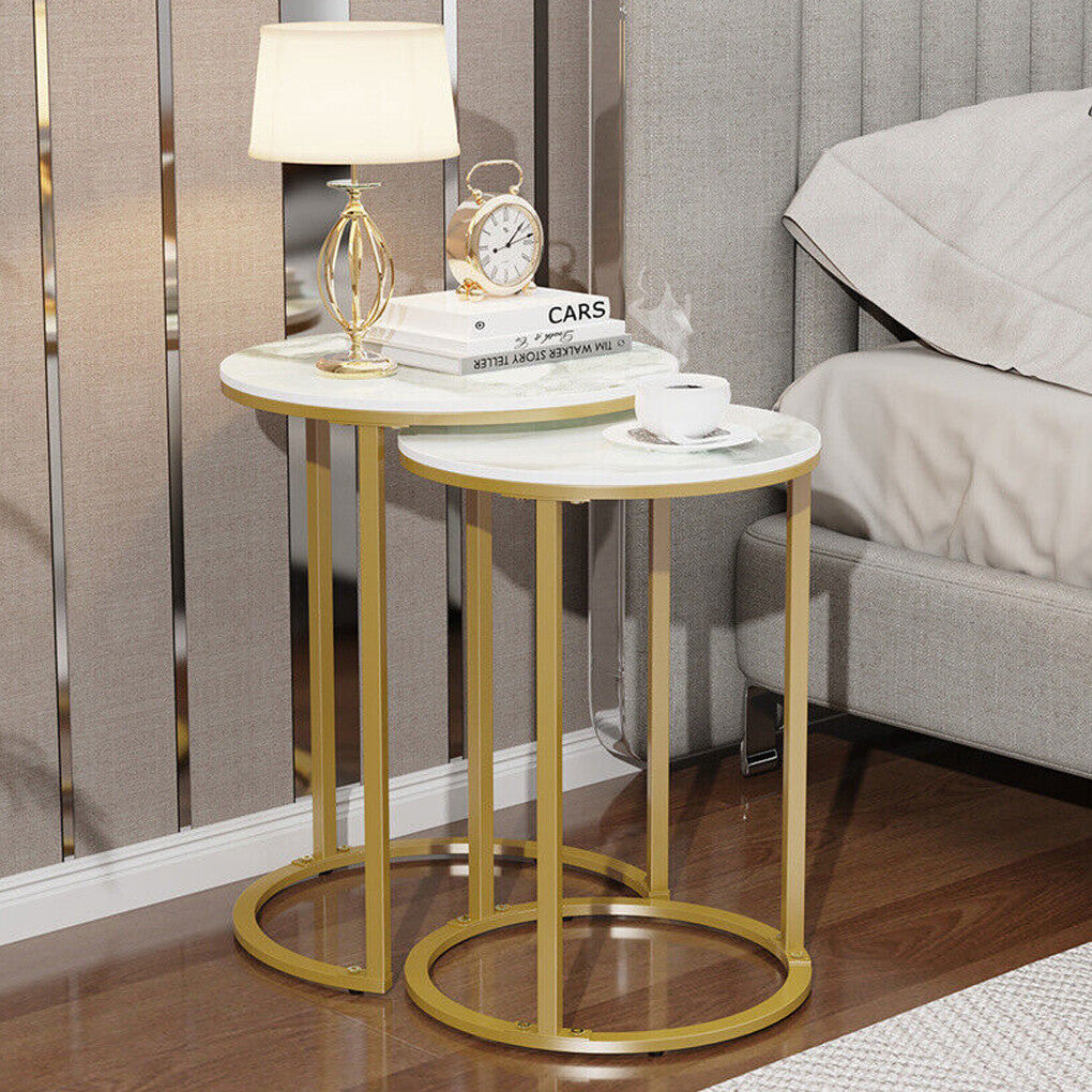 2Pcs Gold Marble Nesting Side End Tables Round Small Stacking Drink Coffee Table V767-JJ-XZ1183