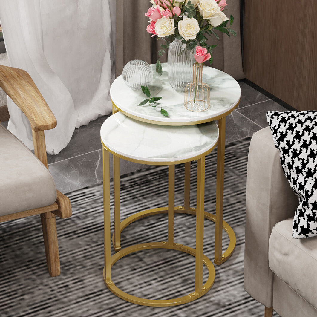 2Pcs Gold Marble Nesting Side End Tables Round Small Stacking Drink Coffee Table V767-JJ-XZ1183