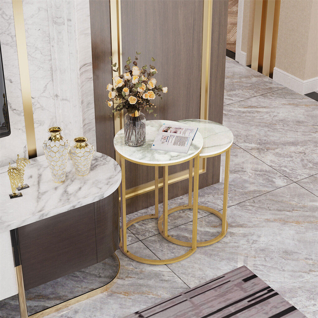2Pcs Gold Marble Nesting Side End Tables Round Small Stacking Drink Coffee Table V767-JJ-XZ1183