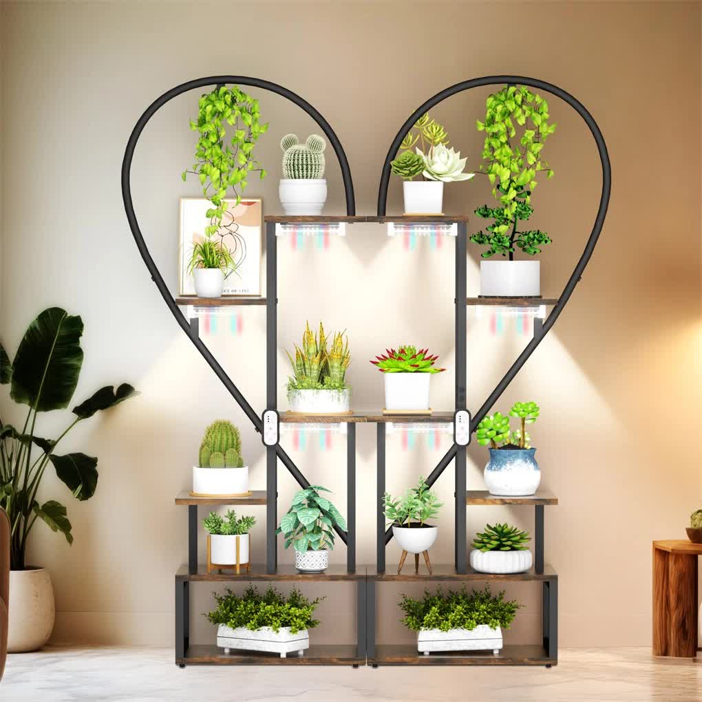 P&P Black & Brown Heart-Shaped Plant Stand with USB Grow Lights for Indoor Plant Display V767-JJ-XZ1241-LD