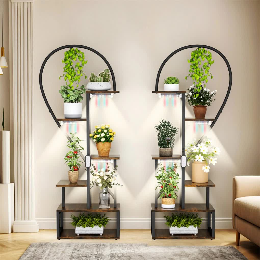 P&P Black & Brown Heart-Shaped Plant Stand with USB Grow Lights for Indoor Plant Display V767-JJ-XZ1241-LD
