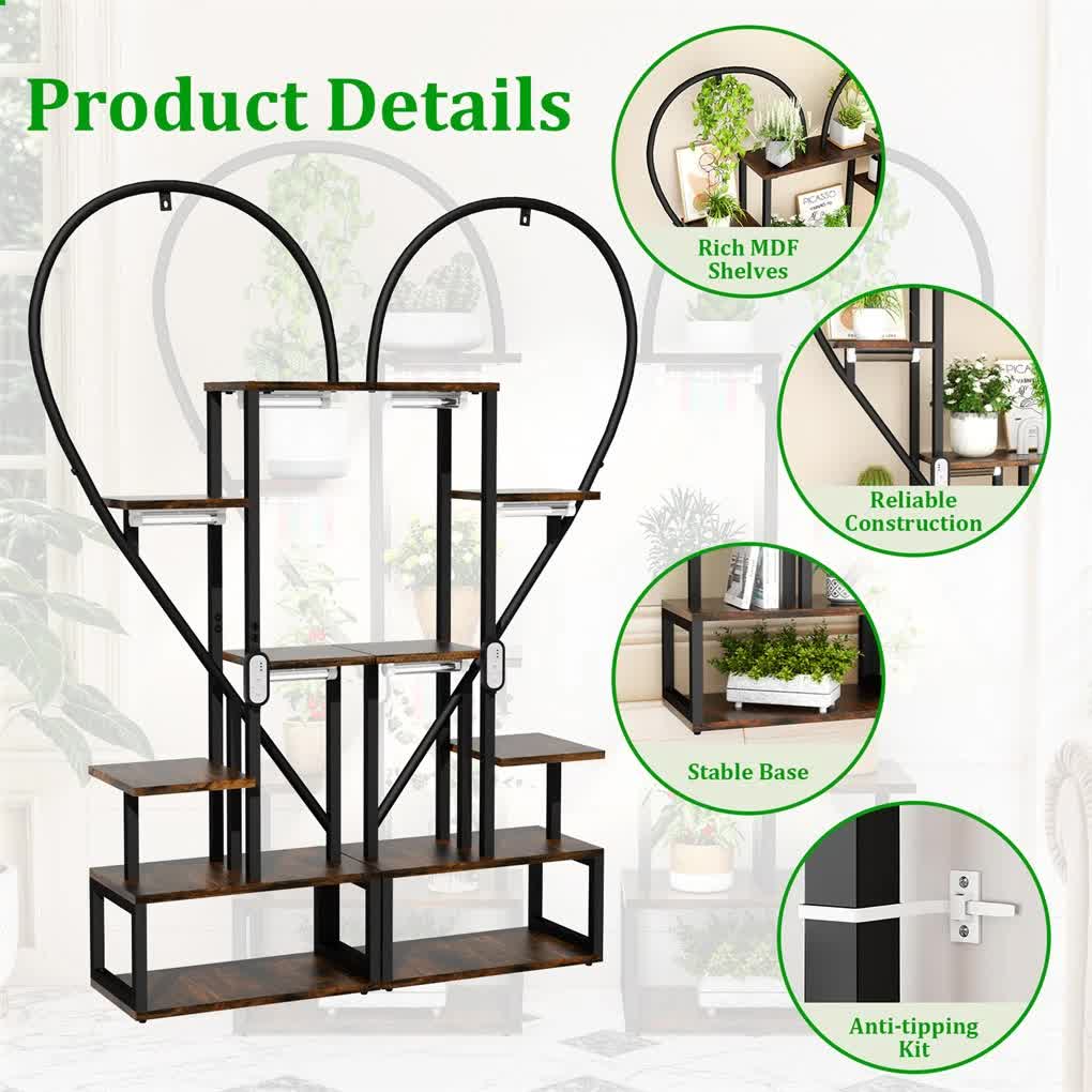 P&P Black & Brown Heart-Shaped Plant Stand with USB Grow Lights for Indoor Plant Display V767-JJ-XZ1241-LD