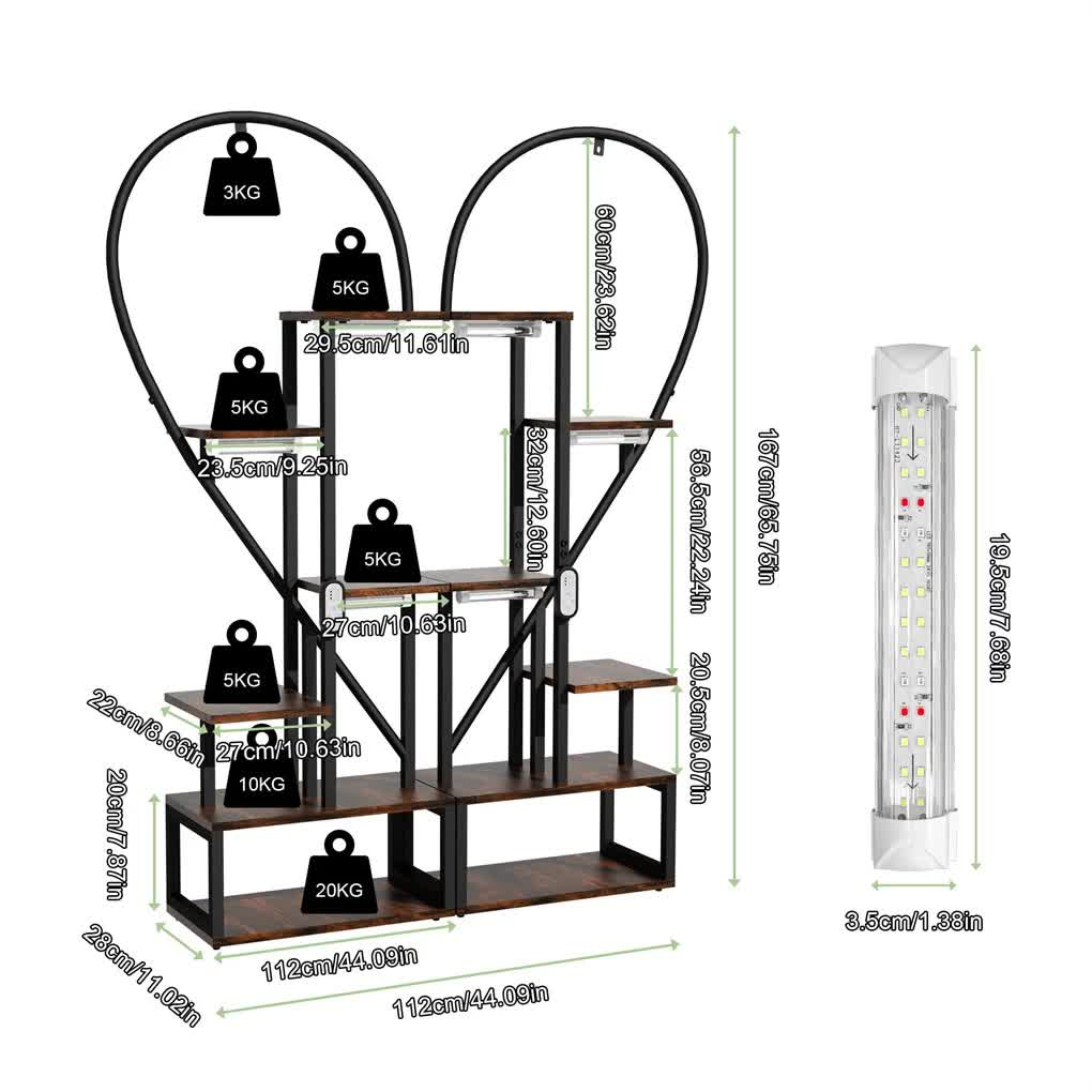 P&P Black & Brown Heart-Shaped Plant Stand with USB Grow Lights for Indoor Plant Display V767-JJ-XZ1241-LD