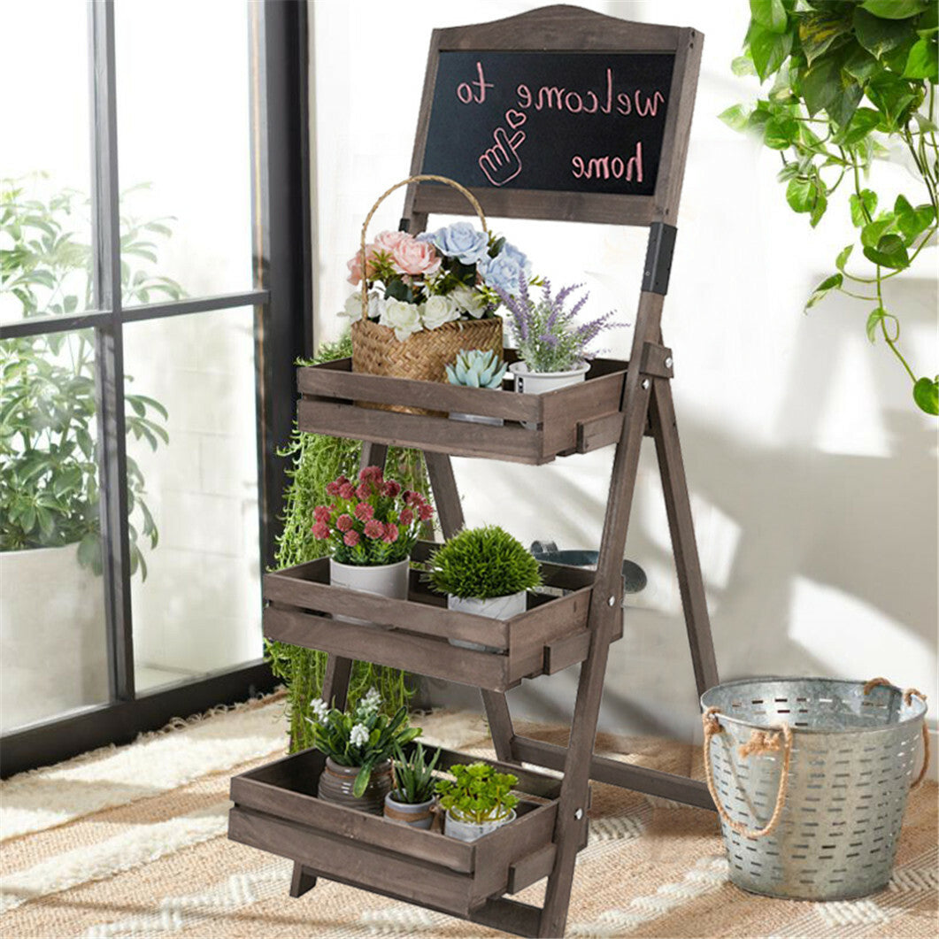 3-Tier A-Frame Wooden Sidewalk Sign Chalkboard With Display Shelf Planter Stand V767-JJ-XZ161