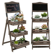 3-Tier A-Frame Wooden Sidewalk Sign Chalkboard With Display Shelf Planter Stand V767-JJ-XZ161