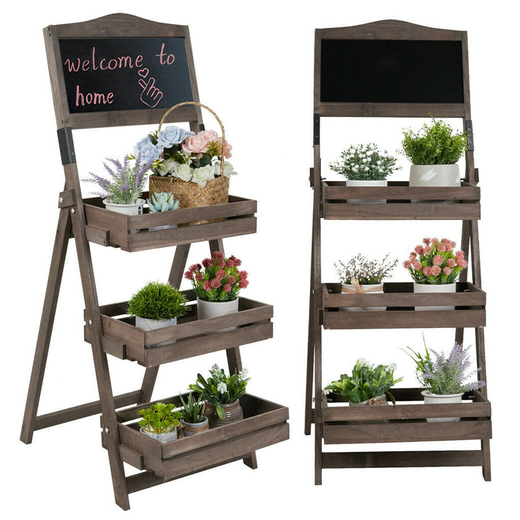 3-Tier A-Frame Wooden Sidewalk Sign Chalkboard With Display Shelf Planter Stand V767-JJ-XZ161