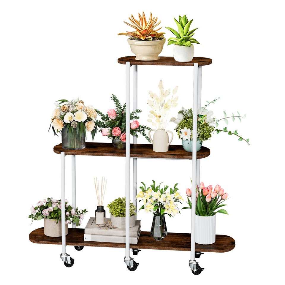 FIN Vintage Plant Holder 3 Tiers Storage Shelf Unit with Lockable Casters Garden V767-JJ-XZ1781