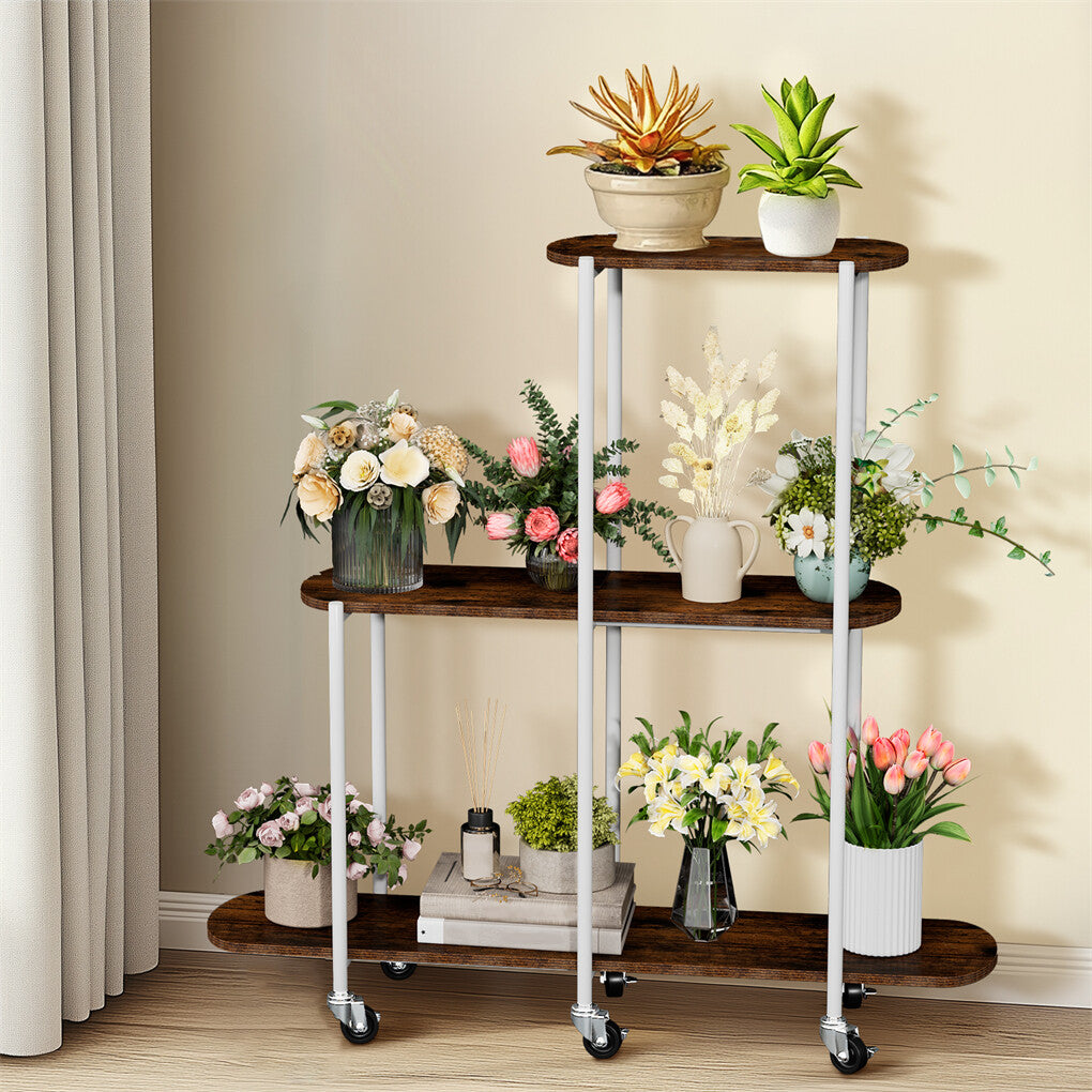 FIN Vintage Plant Holder 3 Tiers Storage Shelf Unit with Lockable Casters Garden V767-JJ-XZ1781