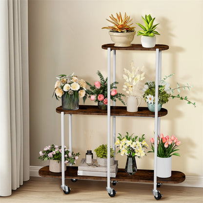 FIN Vintage Plant Holder 3 Tiers Storage Shelf Unit with Lockable Casters Garden V767-JJ-XZ1781