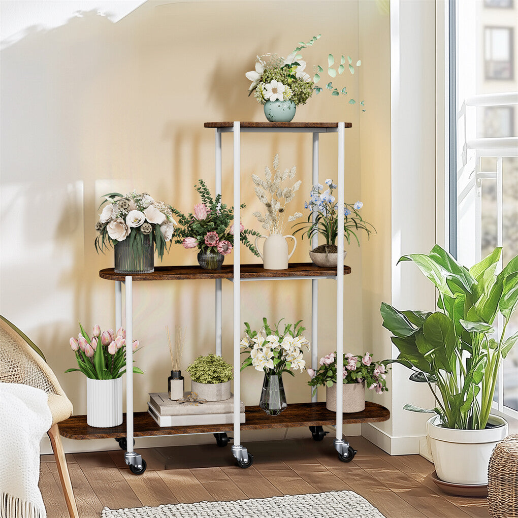 FIN Vintage Plant Holder 3 Tiers Storage Shelf Unit with Lockable Casters Garden V767-JJ-XZ1781