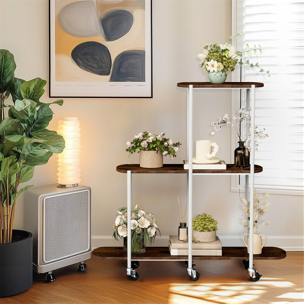 FIN Vintage Plant Holder 3 Tiers Storage Shelf Unit with Lockable Casters Garden V767-JJ-XZ1781