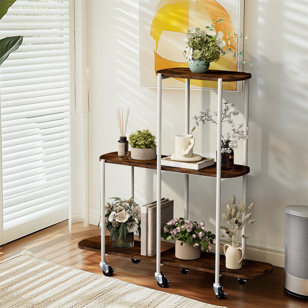 FIN Vintage Plant Holder 3 Tiers Storage Shelf Unit with Lockable Casters Garden V767-JJ-XZ1781