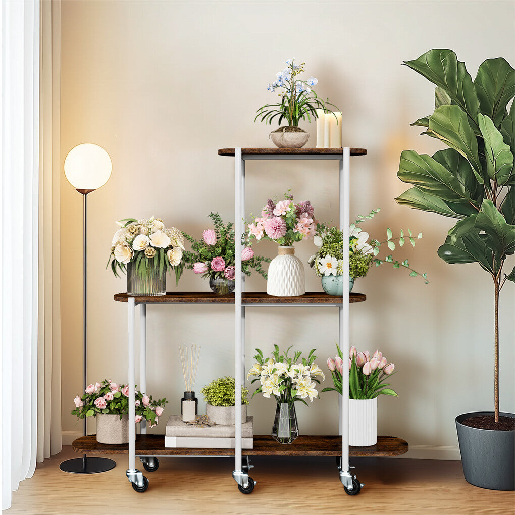 FIN Vintage Plant Holder 3 Tiers Storage Shelf Unit with Lockable Casters Garden V767-JJ-XZ1781