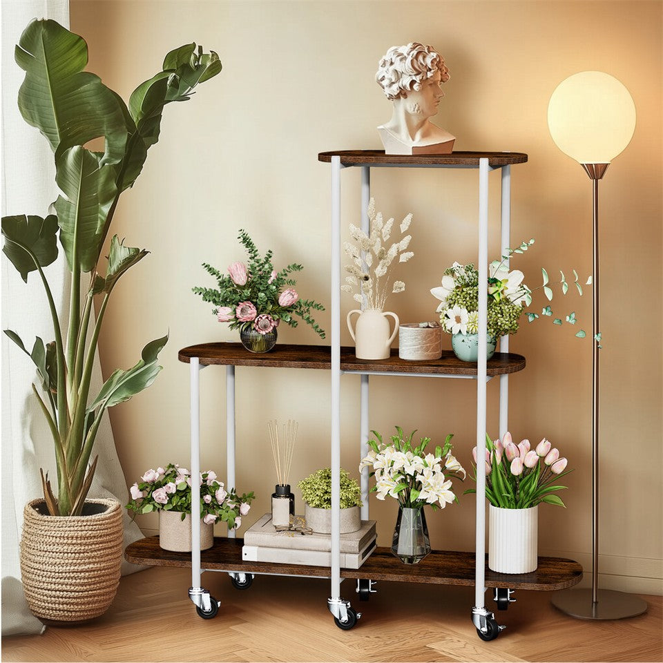 FIN Vintage Plant Holder 3 Tiers Storage Shelf Unit with Lockable Casters Garden V767-JJ-XZ1781