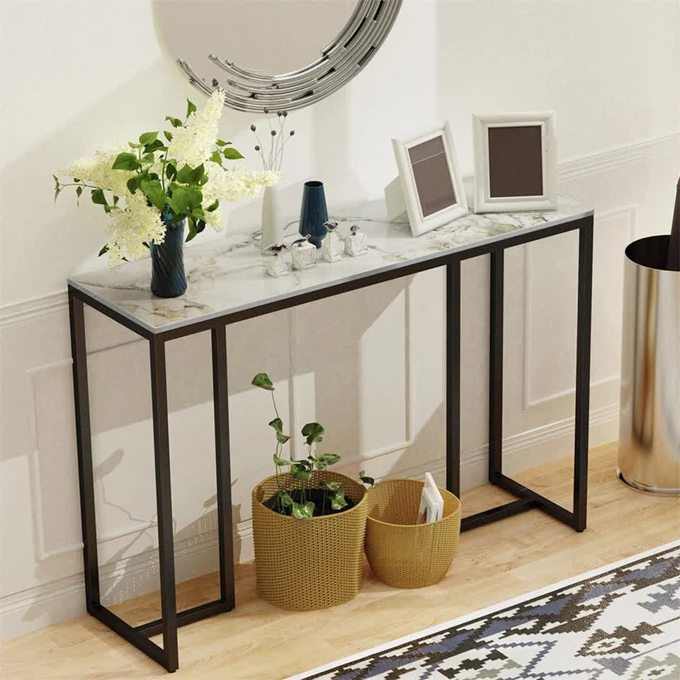 Modern Heavy Real Stone Console Table Hallway Entryway Table Metal Narrow Desk V767-JJ-XZ181-BLB