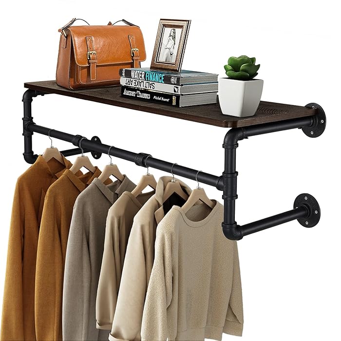 Upgraded Heavy Duty Pipe Clothes Rack Iron Garment Hanging Bar with Top Shelf V767-JJ-XZ182-V1