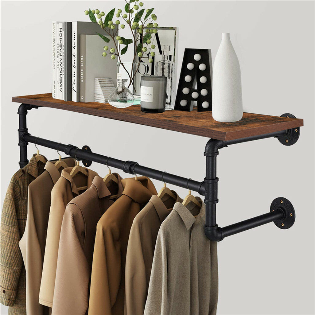 Upgraded Heavy Duty Pipe Clothes Rack Iron Garment Hanging Bar with Top Shelf V767-JJ-XZ182-V1