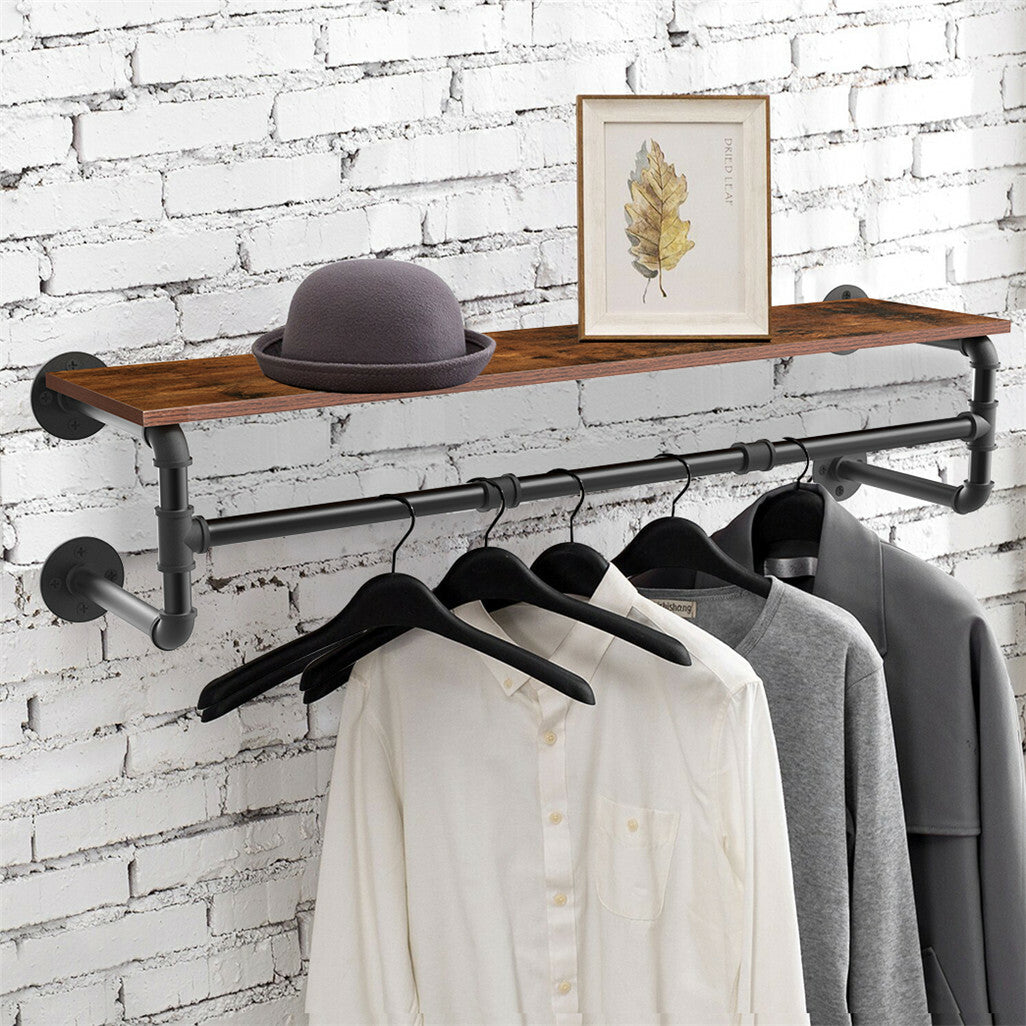 Upgraded Heavy Duty Pipe Clothes Rack Iron Garment Hanging Bar with Top Shelf V767-JJ-XZ182-V1