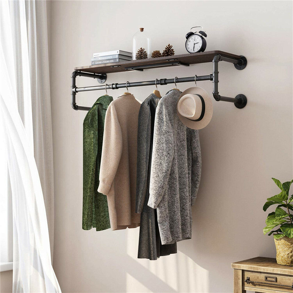 Upgraded Heavy Duty Pipe Clothes Rack Iron Garment Hanging Bar with Top Shelf V767-JJ-XZ182-V1