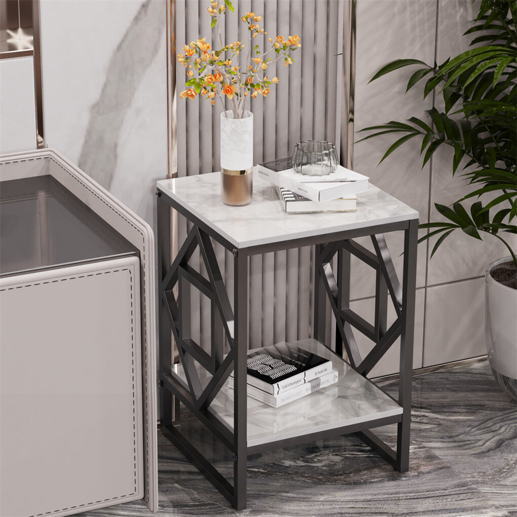 Sleek White Marble Side Table Sofa End Table Bedside Nightstand w Durable Frame V767-JJ-XZ216-BK