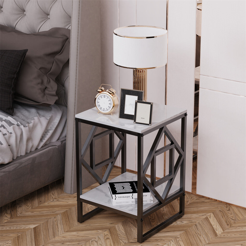 Sleek White Marble Side Table Sofa End Table Bedside Nightstand w Durable Frame V767-JJ-XZ216-BK