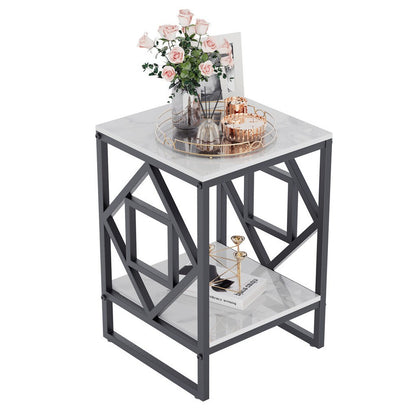 Sleek White Marble Side Table Sofa End Table Bedside Nightstand w Durable Frame V767-JJ-XZ216-BK
