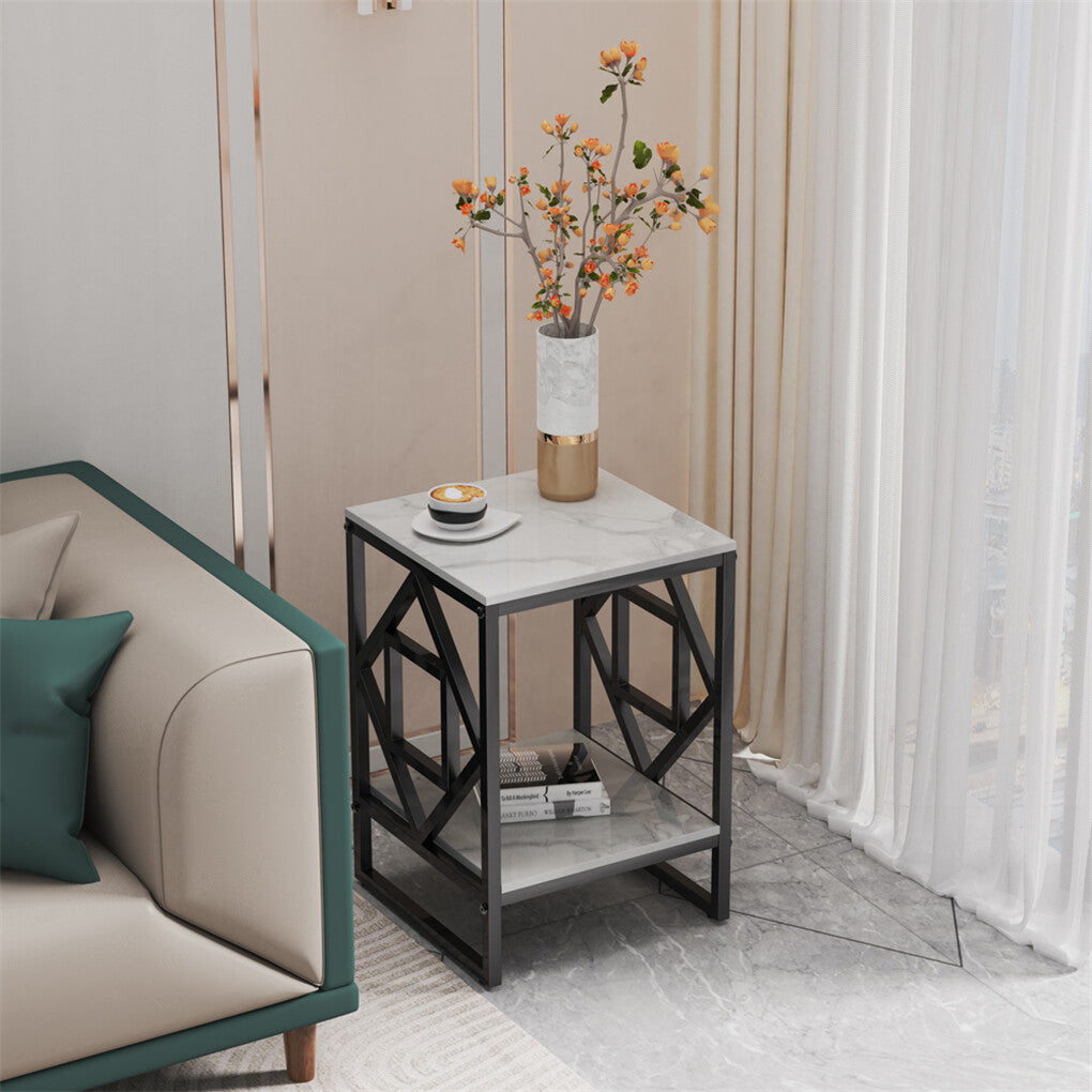 Sleek White Marble Side Table Sofa End Table Bedside Nightstand w Durable Frame V767-JJ-XZ216-BK