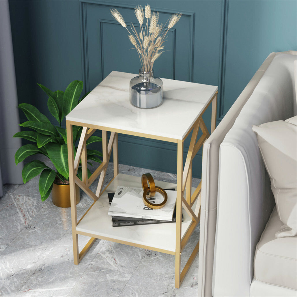 White Marble Gold Side Table Living Room End Accent Table Nightstand with Shelf V767-JJ-XZ216-GD