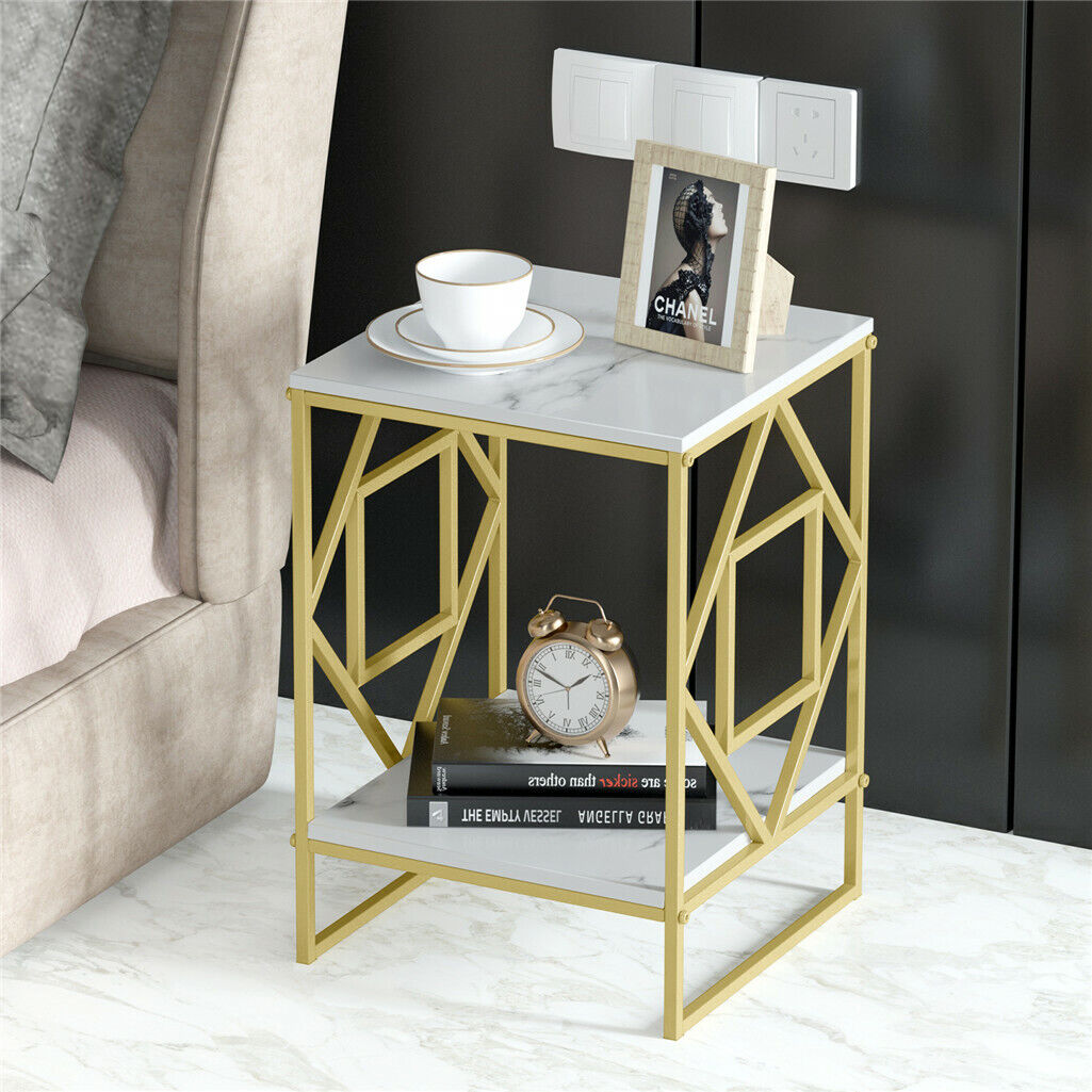 White Marble Gold Side Table Living Room End Accent Table Nightstand with Shelf V767-JJ-XZ216-GD
