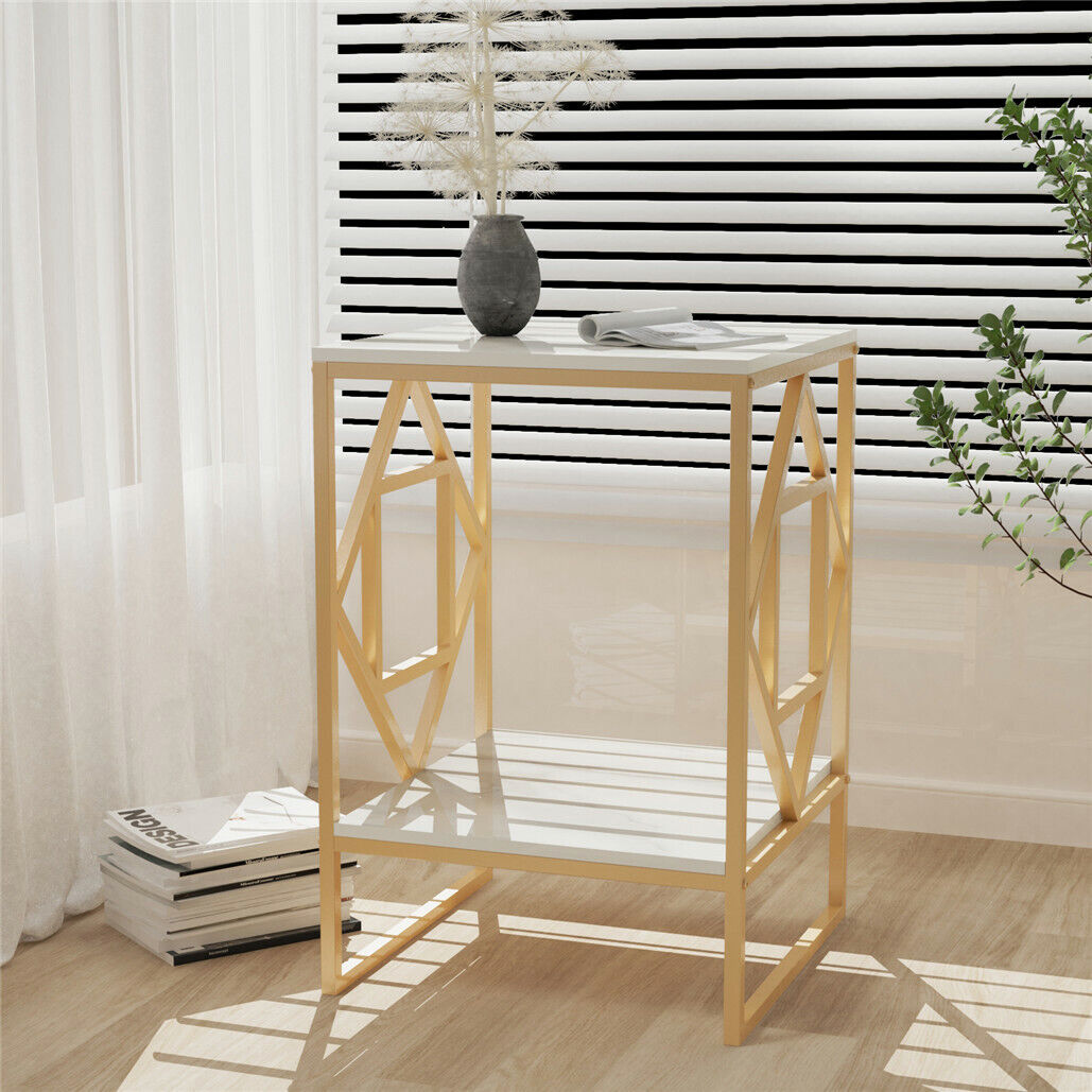 White Marble Gold Side Table Living Room End Accent Table Nightstand with Shelf V767-JJ-XZ216-GD