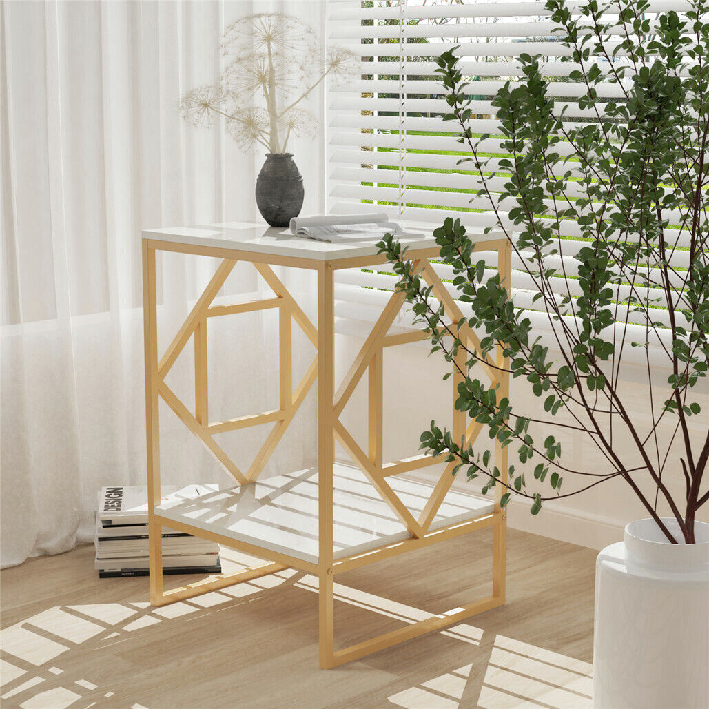 White Marble Gold Side Table Living Room End Accent Table Nightstand with Shelf V767-JJ-XZ216-GD