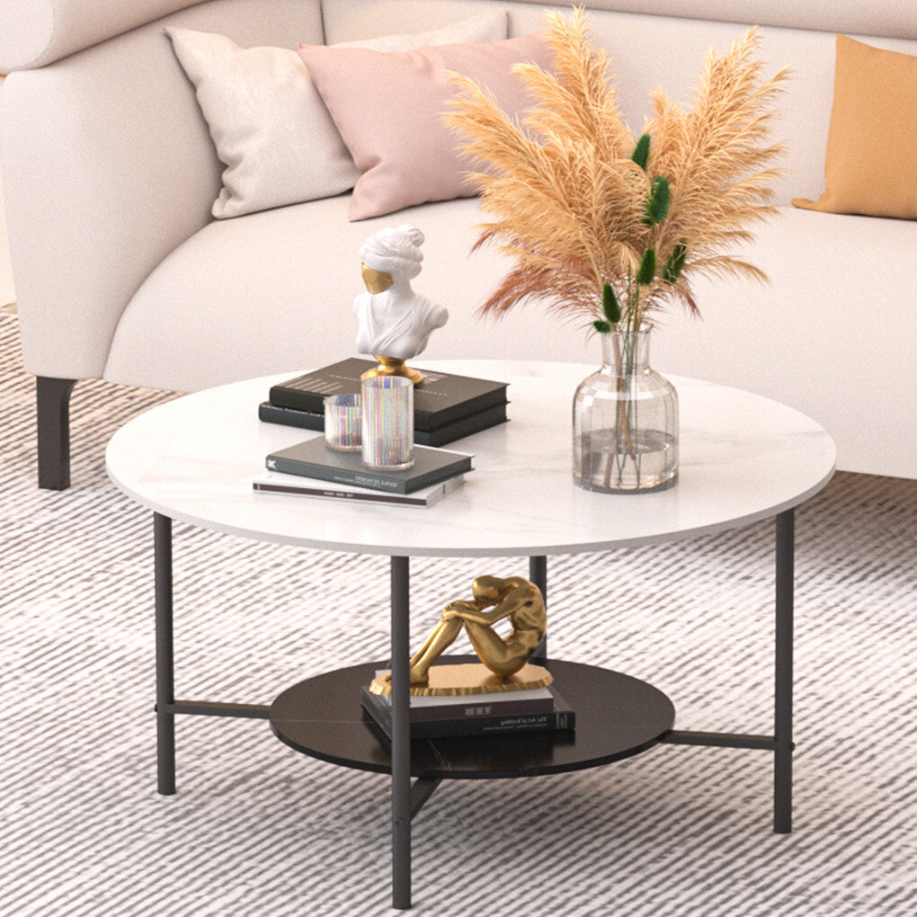 White Real Marble Round Coffee Table w/ Open Storage Modern Living Accent Table V767-JJ-XZ313-V1
