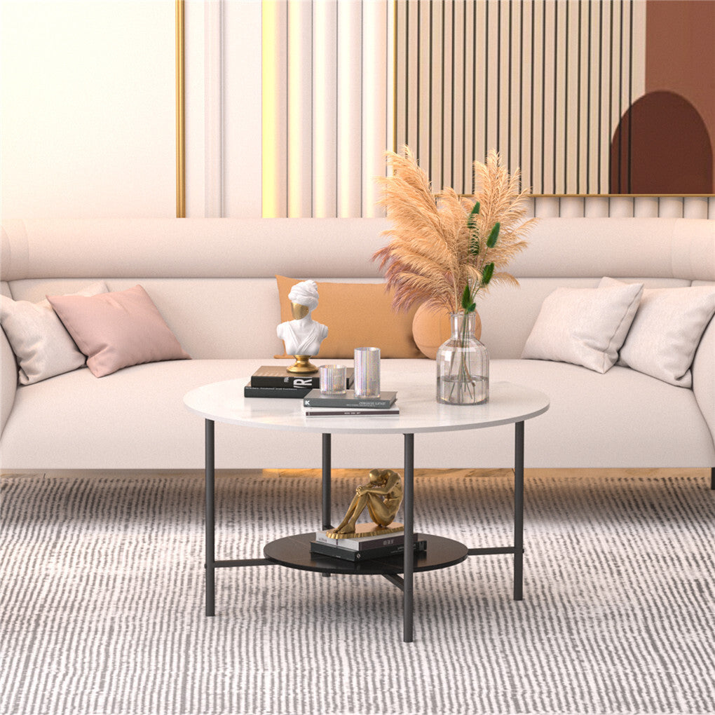White Real Marble Round Coffee Table w/ Open Storage Modern Living Accent Table V767-JJ-XZ313-V1