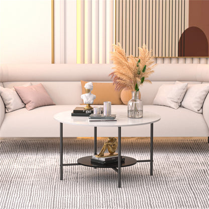 White Real Marble Round Coffee Table w/ Open Storage Modern Living Accent Table V767-JJ-XZ313-V1