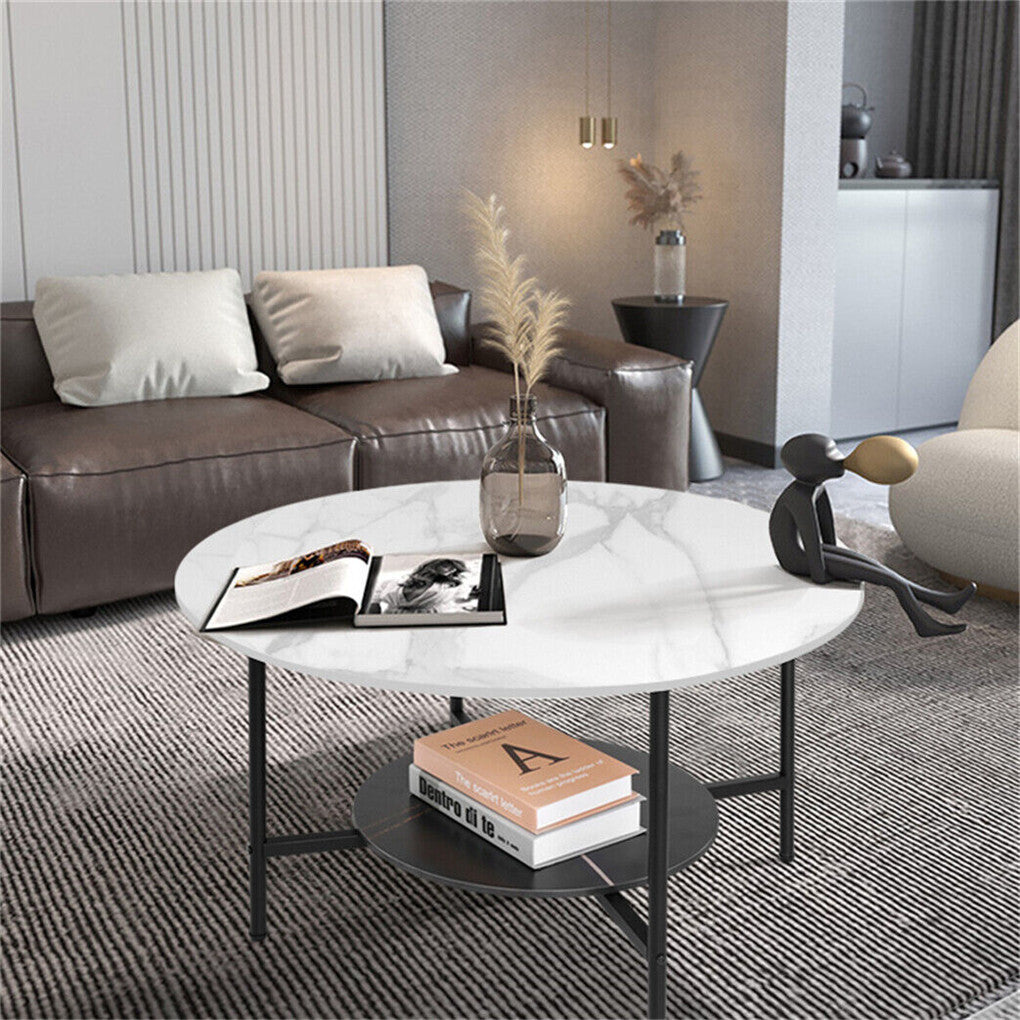 White Real Marble Round Coffee Table w/ Open Storage Modern Living Accent Table V767-JJ-XZ313-V1