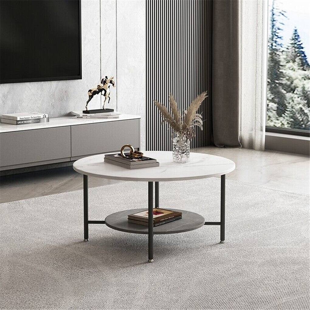 White Real Marble Round Coffee Table w/ Open Storage Modern Living Accent Table V767-JJ-XZ313-V1