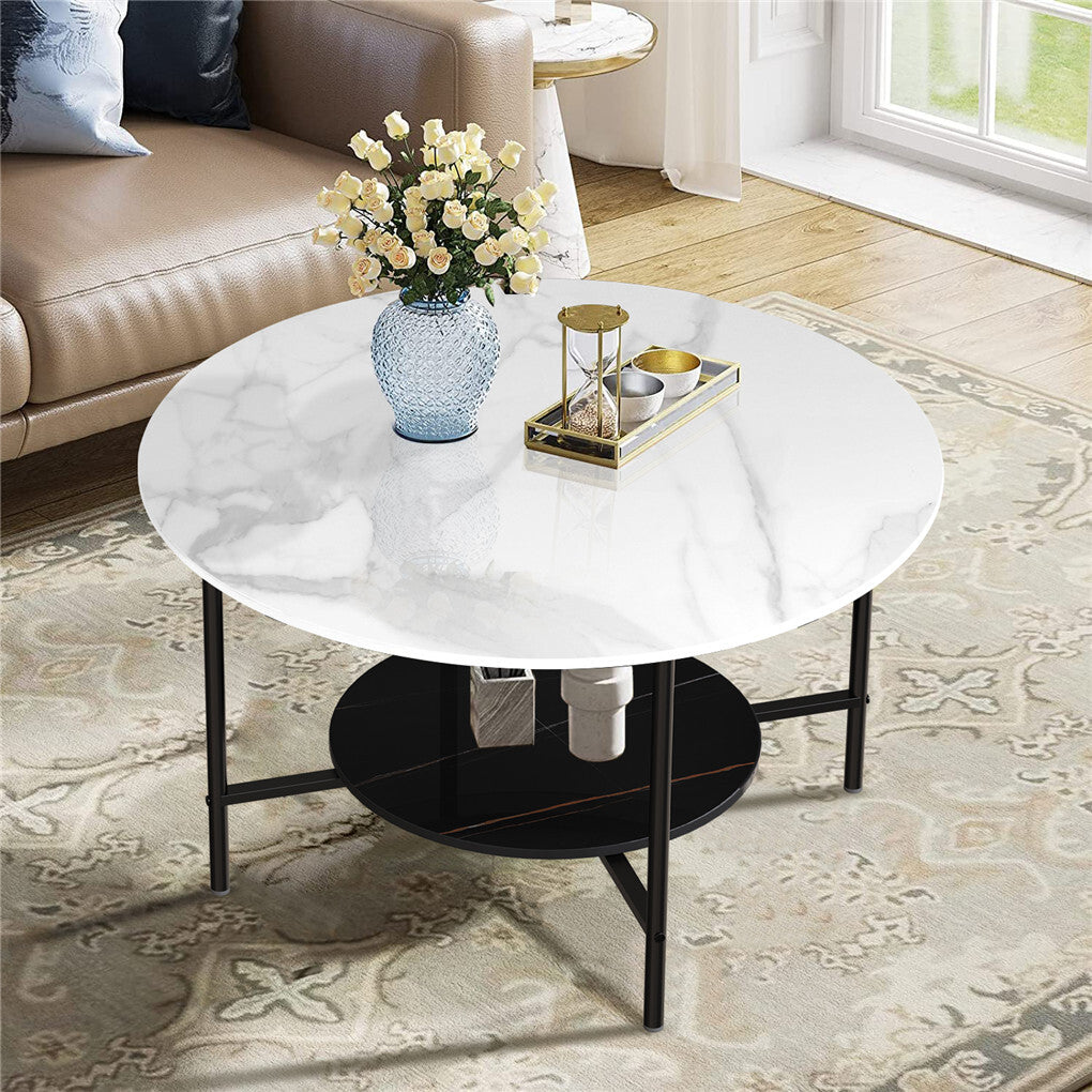 White Real Marble Round Coffee Table w/ Open Storage Modern Living Accent Table V767-JJ-XZ313-V1