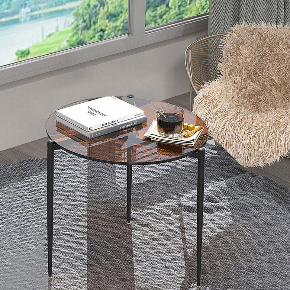 Modern Round Tempered Glass Coffee Table Sofa Side End Table Brown Tinted Metal Frame Living Room V767-JJ-XZ321-GD
