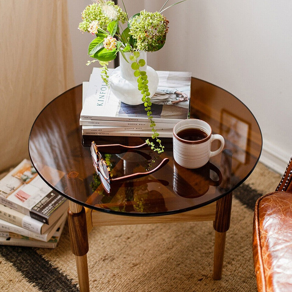 Modern Round Tempered Glass Coffee Table Sofa Side End Table Brown Tinted Metal Frame Living Room V767-JJ-XZ321-GD