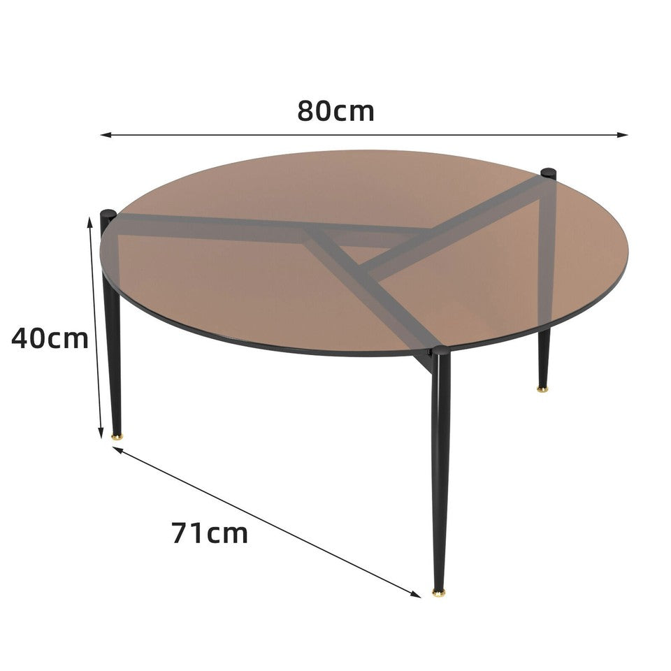 Modern Round Tempered Glass Coffee Table Sofa Side End Table Brown Tinted Metal Frame Living Room V767-JJ-XZ321-GD