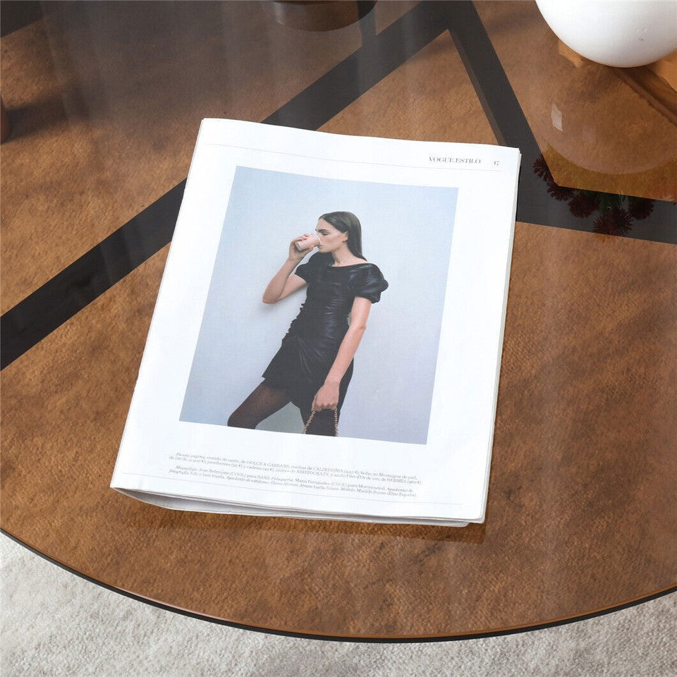 Modern Round Tempered Glass Coffee Table Sofa Side End Table Brown Tinted Metal Frame Living Room V767-JJ-XZ321-GD