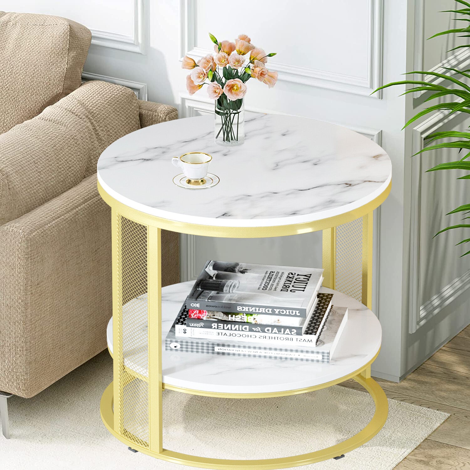 White Marble Side End Table Round Coffee Accent Table Nightstand Gold Iron Frame V767-JJ-XZ636