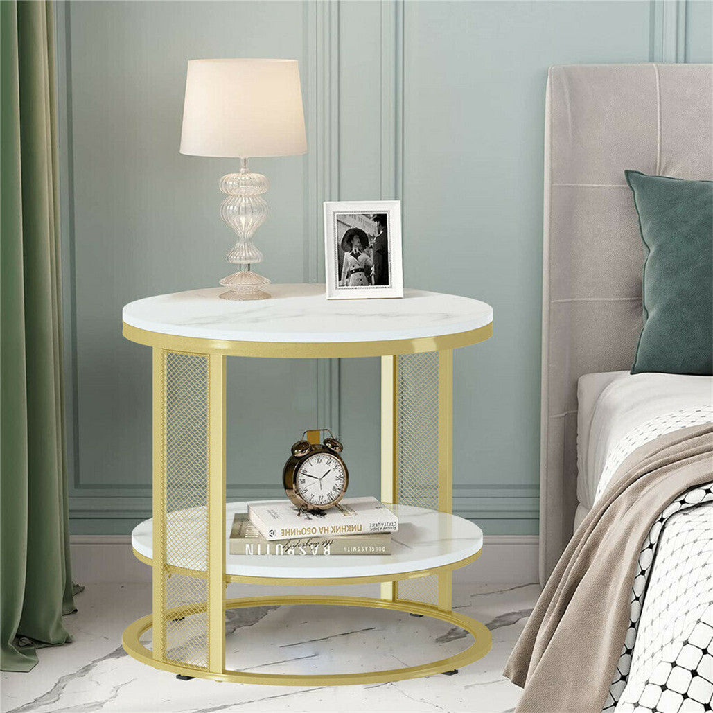 White Marble Side End Table Round Coffee Accent Table Nightstand Gold Iron Frame V767-JJ-XZ636