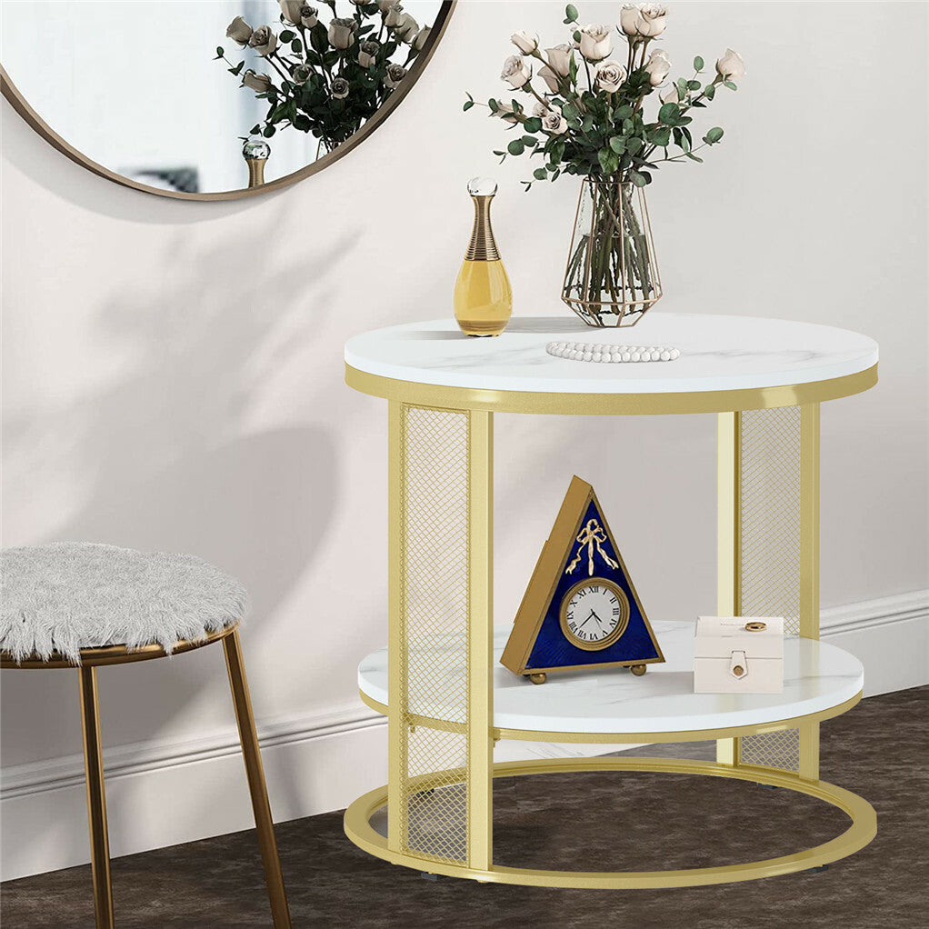 White Marble Side End Table Round Coffee Accent Table Nightstand Gold Iron Frame V767-JJ-XZ636