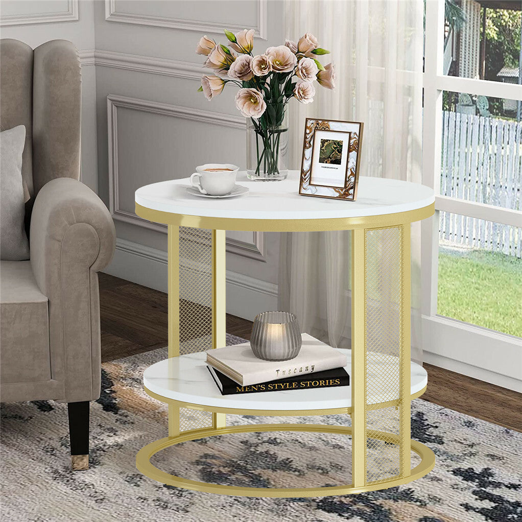 White Marble Side End Table Round Coffee Accent Table Nightstand Gold Iron Frame V767-JJ-XZ636