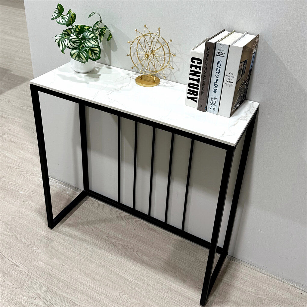 80cm White & Grey Sintered Stone Console Table Storage Table Behind Sofa W/ Black Metal Frame V767-JJ-XZ711-BLB