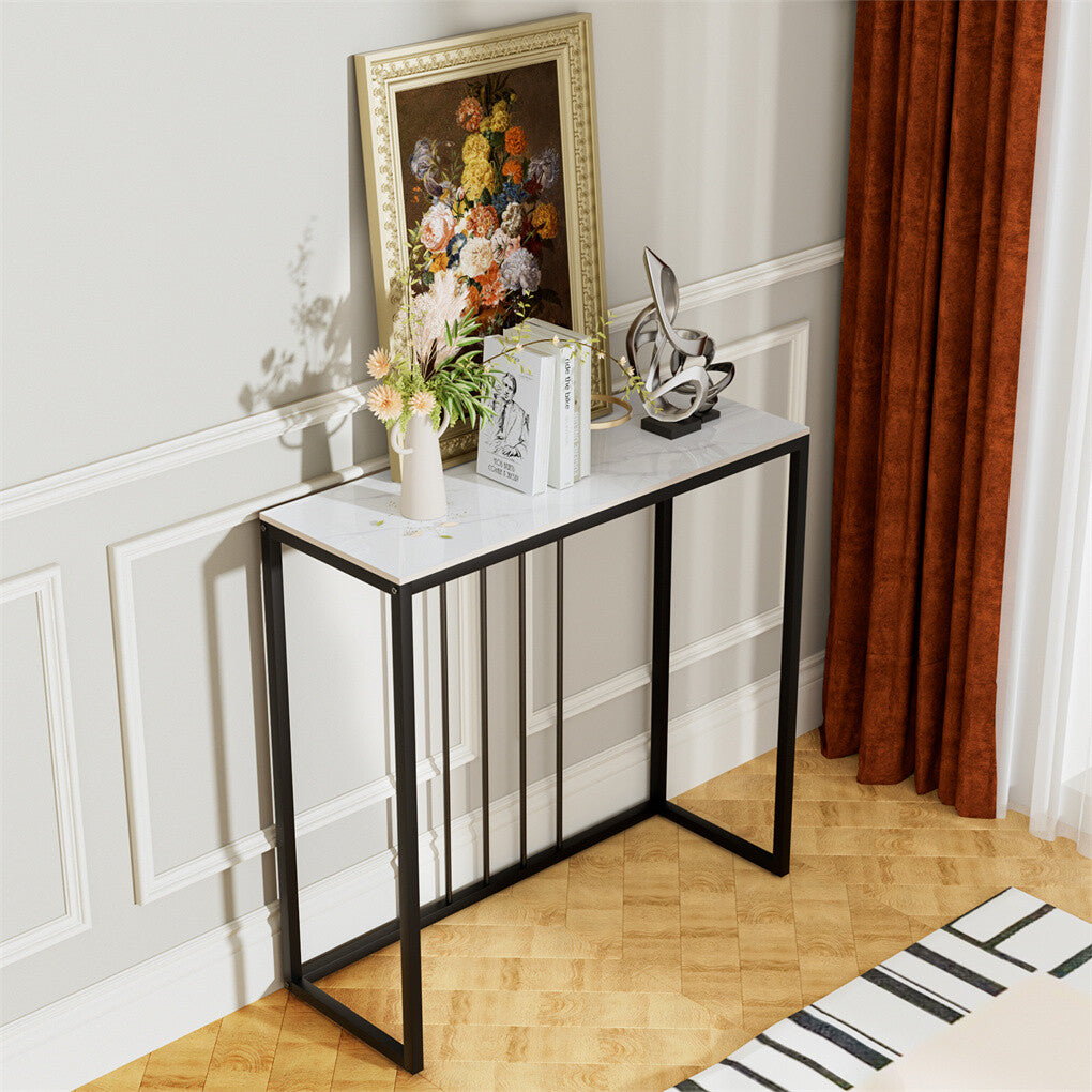 80cm White & Grey Sintered Stone Console Table Storage Table Behind Sofa W/ Black Metal Frame V767-JJ-XZ711-BLB