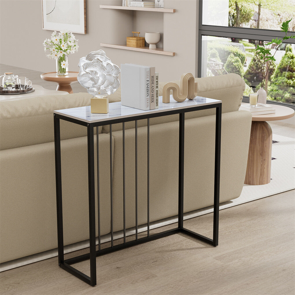 80cm White & Grey Sintered Stone Console Table Storage Table Behind Sofa W/ Black Metal Frame V767-JJ-XZ711-BLB